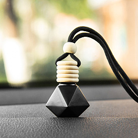 Rhombus Glass Empty Refillable Car Perfume Bottle, Car Hanging Fragrance Essential Oil Diffuser Bottle Pendants Decor, with Wood Cap