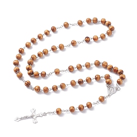 Religious Prayer Pine Wood Beaded Lariat Necklace, Virgin Mary Crucifix Cross Rosary Bead Necklace for Easter, Platinum
