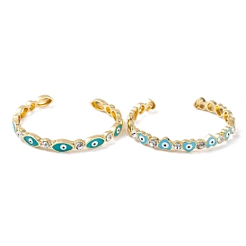 Brass Pave Clear Cubic Zirconia Evil Eye Open Cuff Bangles with Enamel for Women, Real 18K Gold Platend