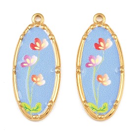 304 Stainless Steel Pendants, Oval with Flower Charms, Ion Plating(IP), Colorful