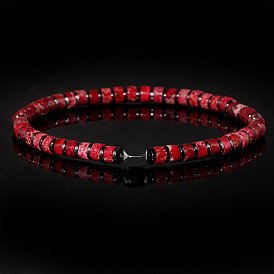 Мужские эластичные браслеты из окрашенной натуральной императорской яшмы и синтетических немагнитных гематитовых бусин., плоско-круглые