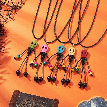 Тематика Хэллоуина скелет окрашенный синтетический бирюзовый кулон ожерелье из вощеного хлопкового шнура для женщин и мужчин
