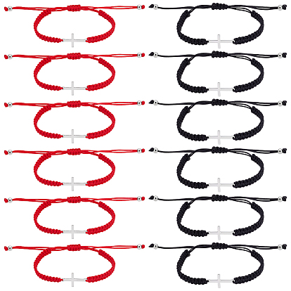 12шт. 2 стили регулируемых плетеных браслетов из полиэстеровой нити для женщин и мужчин, с подвесками в виде креста из сплава