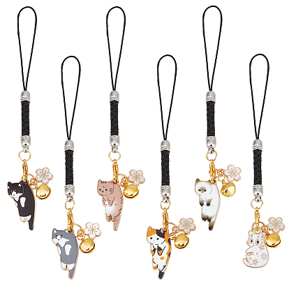 6 decoración de colgantes de gato de esmalte de aleación de piezas, con aleación de zinc hebillas de pinza de langosta, dijes de campana de hierro y lazos de cordón de nailon, bobtail japonés
