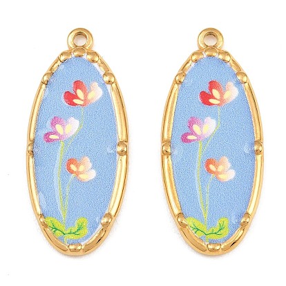 304 Stainless Steel Pendants, Oval with Flower Charms, Ion Plating(IP), Colorful