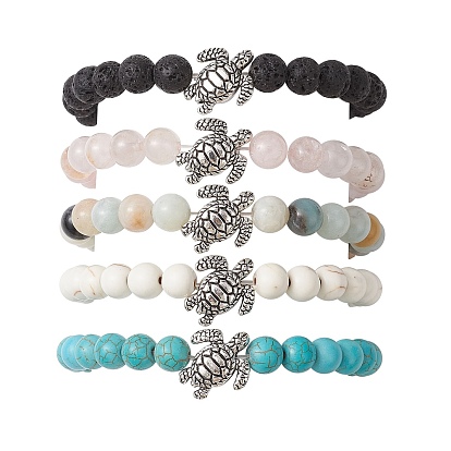 Natural & Synthetic Mixed Gemstone Stretch Bracelets for Women, with Tibetan Style Alloy Tortoise
