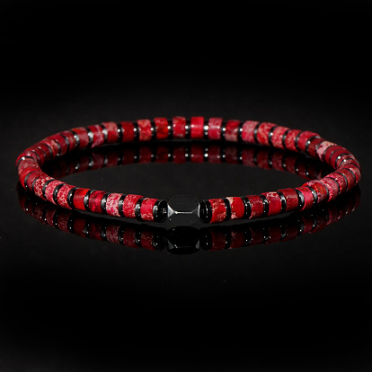 Мужские эластичные браслеты из окрашенной натуральной императорской яшмы и синтетических немагнитных гематитовых бусин., плоско-круглые