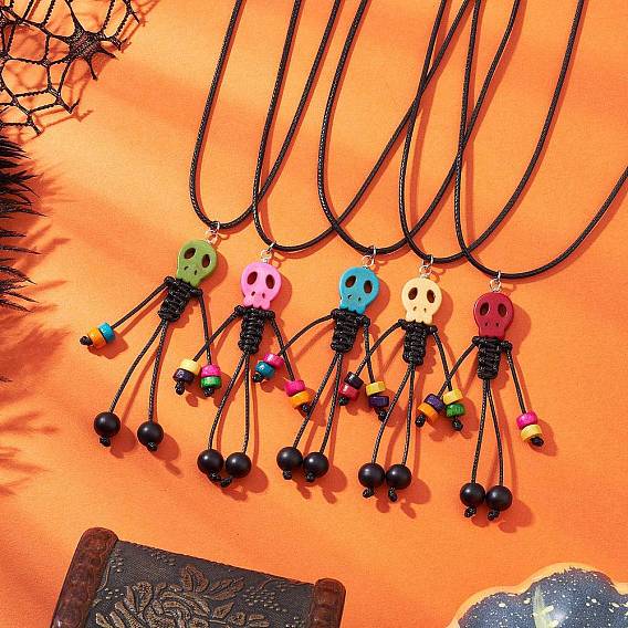 Тематика Хэллоуина скелет окрашенный синтетический бирюзовый кулон ожерелье из вощеного хлопкового шнура для женщин и мужчин