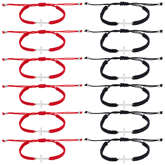 12шт. 2 стили регулируемых плетеных браслетов из полиэстеровой нити для женщин и мужчин, с подвесками в виде креста из сплава