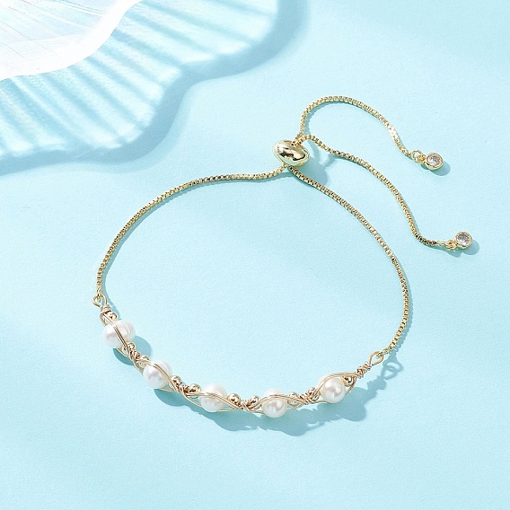 Браслеты-слайдеры из натуральных культивированных пресноводных жемчужин, Регулируемые латунные браслеты-цепочки для женщин, круглые