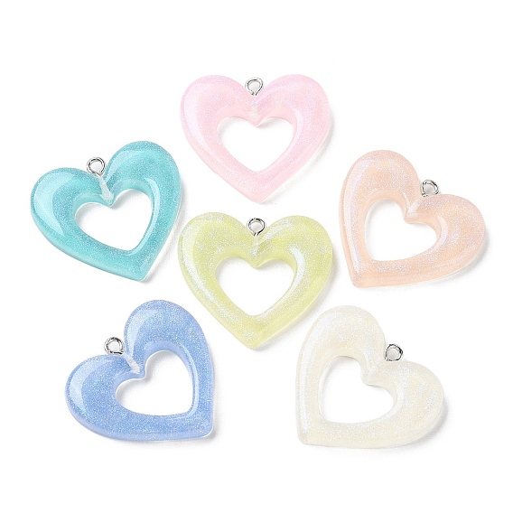 Полупрозрачные полые подвески из смолы, блестящие подвески-сердечки с железными петлями с платиновым покрытием