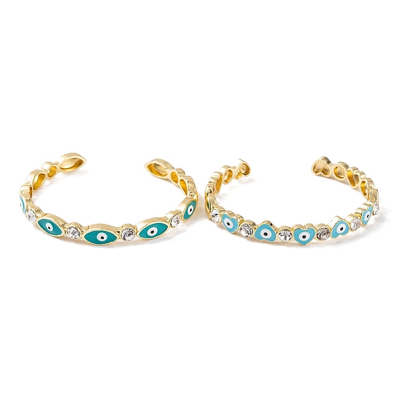 Brass Pave Clear Cubic Zirconia Evil Eye Open Cuff Bangles with Enamel for Women, Real 18K Gold Platend