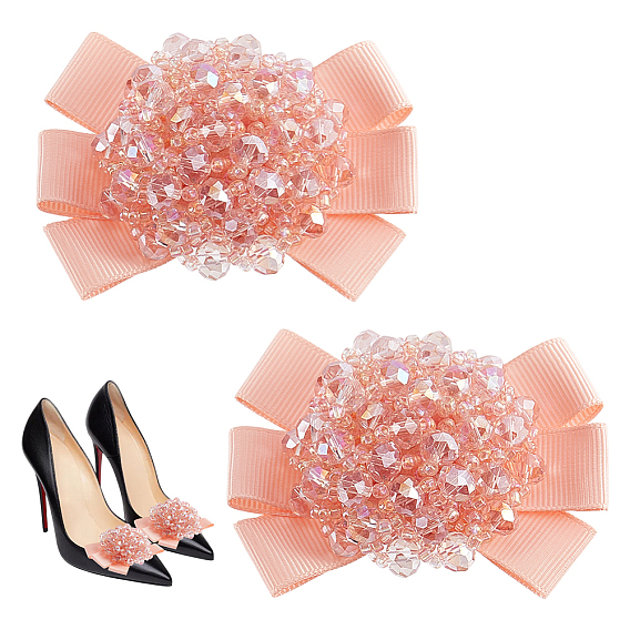 2Pcs Iron Shoe Buckle Clips, Polyester & Glass Bowknot Shoe Decor