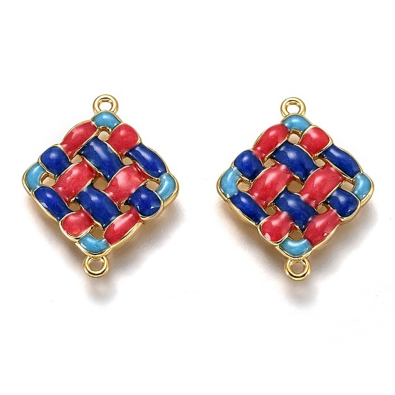 Brass Links Connectors, Long-Lasting Plated, with Enamel, Real 18K Gold Plated, Rhombus Weaving Shape