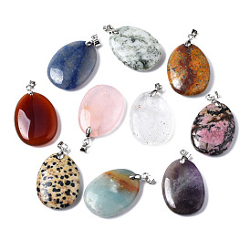 Natural Mixed Stone Pendants, with Platinum Brass Pinch Bails, Oval