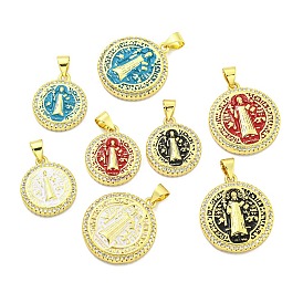 Rack Plating Brass Micro Pave Cubic Zirconia Pendants, with Enamel Cadmium Free & Lead Free, Real 18K Gold Plated, Flat Round