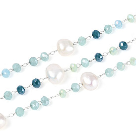 304 цепные цепи из нержавеющей стали, с гранеными стеклянными бусинами-ронделями и натуральным пресноводным жемчугом., пайки, с катушкой, цвет нержавеющей стали