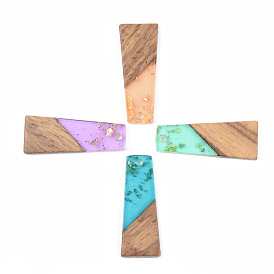 Transparent Resin & Walnut Wood Pendants, with Gold Foil, Trapezoid
