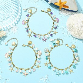3Pcs 3 Styles Shell Pearl & Natural Amethyst & Synthetic Turquoise & Natural Rose Quartz & Alloy Enamel Starfish Shell Shape Charm Anklets, with 304 Stainless Steel Figaro Chains, Golden