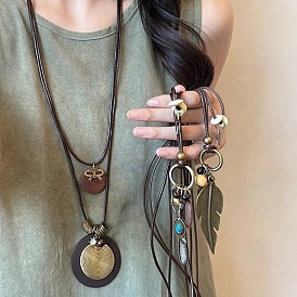 Ожерелья в стиле бохо из сплава и дерева с подвеской из вощеного шнура, двухслойные, для женщин, античная бронза