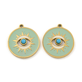 316 Surgical Stainless Steel Enamel Pendants, Flat Round with Eye Charm, Golden