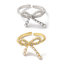 Bowknot Brass Micro Pave Clear Cubic Zirconia Open Cuff Rings for Women, with Plastic Imitation Pearl