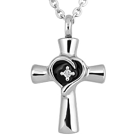 Women's Stainless Steel Heart Cross Memorial Urn Necklace for Ashes