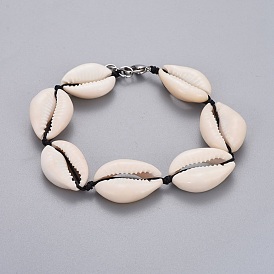 Cowrie Shell Beads Bracelets, with 304 Stainless Steel Findings and Nylon Cord