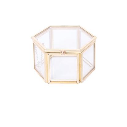 Glass Hexagon Jewelry Set Box, Brass Flip Cover Box for Necklace Ring Earring Pendant Keepsake Box
