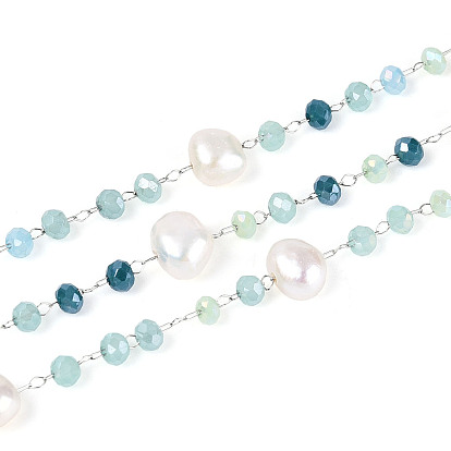304 цепные цепи из нержавеющей стали, с гранеными стеклянными бусинами-ронделями и натуральным пресноводным жемчугом., пайки, с катушкой, цвет нержавеющей стали