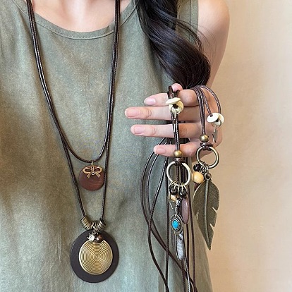 Ожерелья в стиле бохо из сплава и дерева с подвеской из вощеного шнура, двухслойные, для женщин, античная бронза