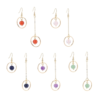 Natural Gemstone Round Beads Dangle Earrings, Golden 304 Stainless Steel Tassel Drop Asymmetrical Earrings with Brass Ear Wires