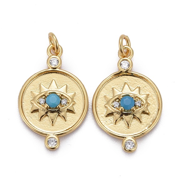 Подвески из латуни с прозрачным микропейвом и синим фианитом, с прыжковых колец, долговечный, плоские круглые с глаз