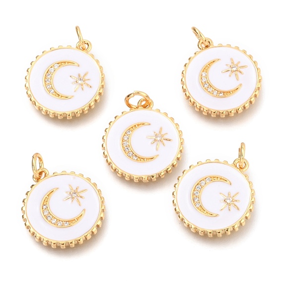 Brass Micro Pave Clear Cubic Zirconia Pendants, Long-Lasting Plated, with Jump Rings & Enamel, Real 18K Gold Plated, Flat Round with Moon & Star