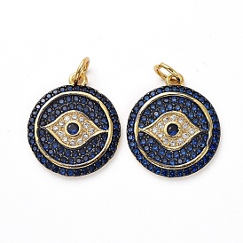 Brass Micro Pave Cubic Zirconia Pendants, with Jump Rings, Flat Round with Eye, Gunmetal & Golden