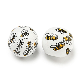 Printed Wood European Beads, Round with Bees Pattern