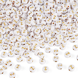 500 акриловые бусины с покрытием, золотой металл обвитыми, горизонтальное отверстие, плоско-круглые с алфавитами , белые