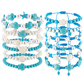 12Pulseras trenzadas y elásticas de cuentas de turquesa sintética teñida para mujer, estrella de mar y tortuga marina, Con hilo de nailon ajustable