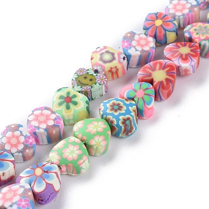 Handmade Flower Printed Polymer Clay Beads Strands, Heart