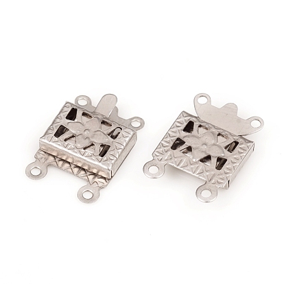 304 Stainless Steel Box Clasps, 2-Strand, 4-Hole, Rectangle with Flower