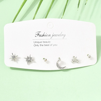 3 Pairs Alloy & Rhinestone Stud Earrings for Women, Star 7 Moon & Sun, with 925 Sterling Silver Pins
