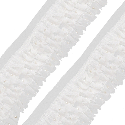 3 Ribetes de encaje plisado de nailon en capas, Cinta de encaje con volantes y cuentas de plástico, para costura y decoración artesanal