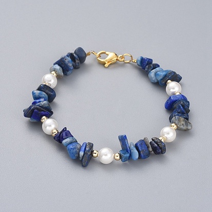 Natural Gemstone Chip Beaded Bracelets, with Shell Pearl Round Beads, Brass Beads and 304 Stainless Steel Lobster Claw Clasps
