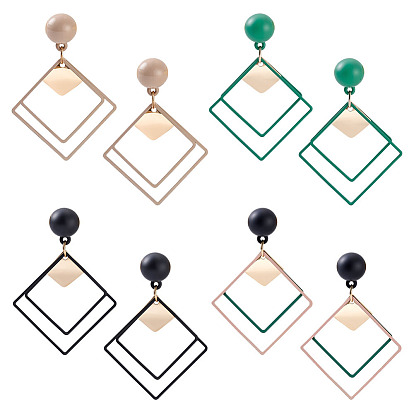 4 пары 4 цветные серьги-гвоздики из сплава, ромб, золотые