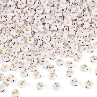 500 акриловые бусины с покрытием, золотой металл обвитыми, горизонтальное отверстие, плоско-круглые с алфавитами , белые