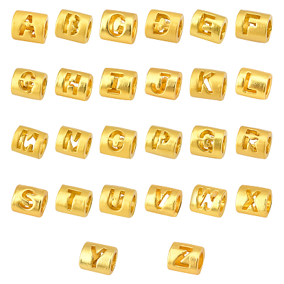 26Pcs Alloy Hollow Pendant Beads, Barrel with Letter, Matte Gold Color