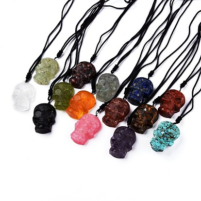 Halloween Skull Natural Gemstone Pendant Necklaces, with Resin and Nylon Thread