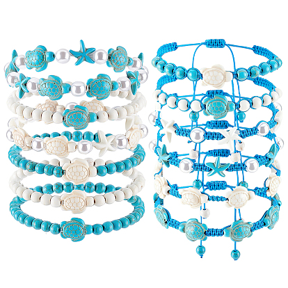 12Pulseras trenzadas y elásticas de cuentas de turquesa sintética teñida para mujer, estrella de mar y tortuga marina, Con hilo de nailon ajustable