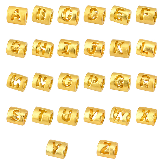 26Pcs Alloy Hollow Pendant Beads, Barrel with Letter, Matte Gold Color