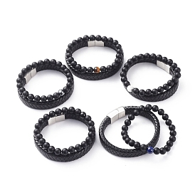 Unisex Stretch Bracelets & Leather Cord Bracelets Sets, Stackable Bracelets, Gemstone & Natural Agate Beads, 304 Stainless Steel Magnetic Clasps and Cardboard Box